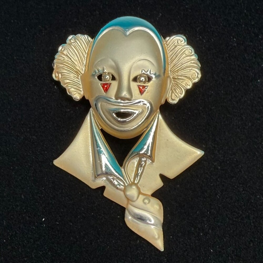 Vintage Large Gold & Silver Tone Clown Face Brooch Pin 2.75"
